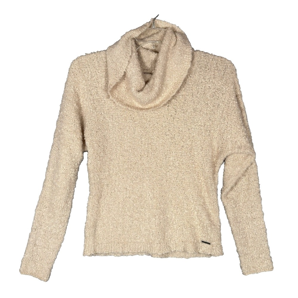 Abercrombie & Fitch Womens Cowl Neck Sweater M Beige Cozy Raw Hem Soft Fuzzy